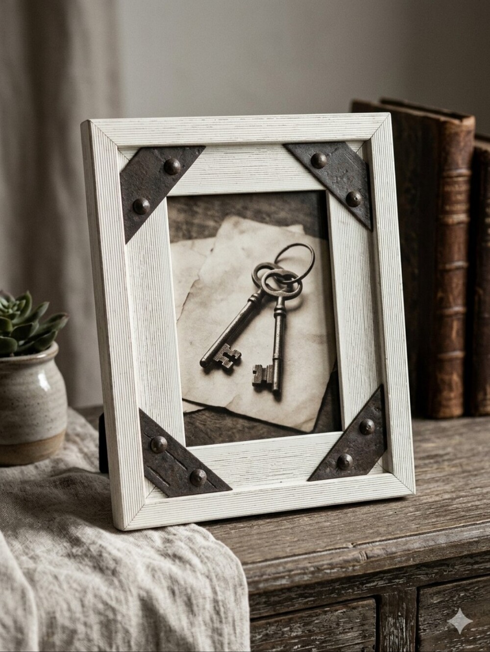 Sheffield Rustic White & Black Wooden Photo Frame Aged Metal Details